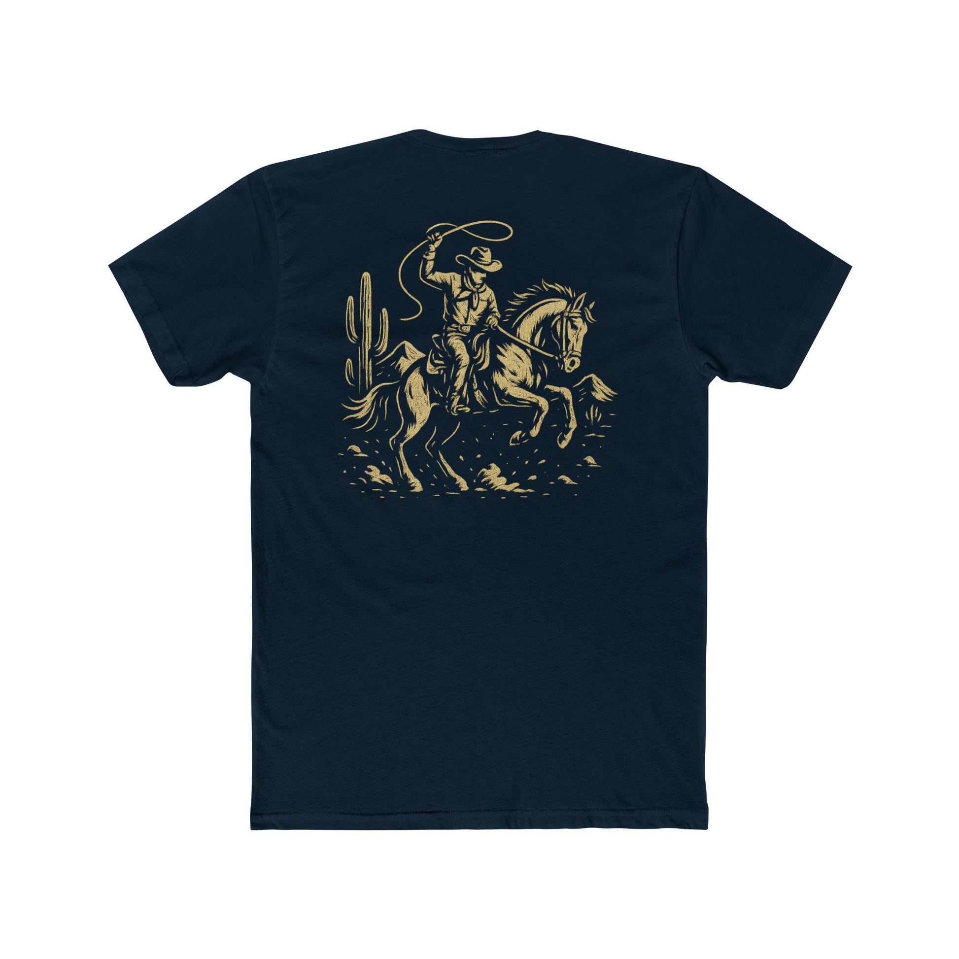 Midnight Navy t-shirt with graphic of monochrome horse rider, lasso, and western landscape #midnightnavy