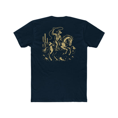 Midnight Navy t-shirt with graphic of monochrome horse rider, lasso, and western landscape #midnightnavy
