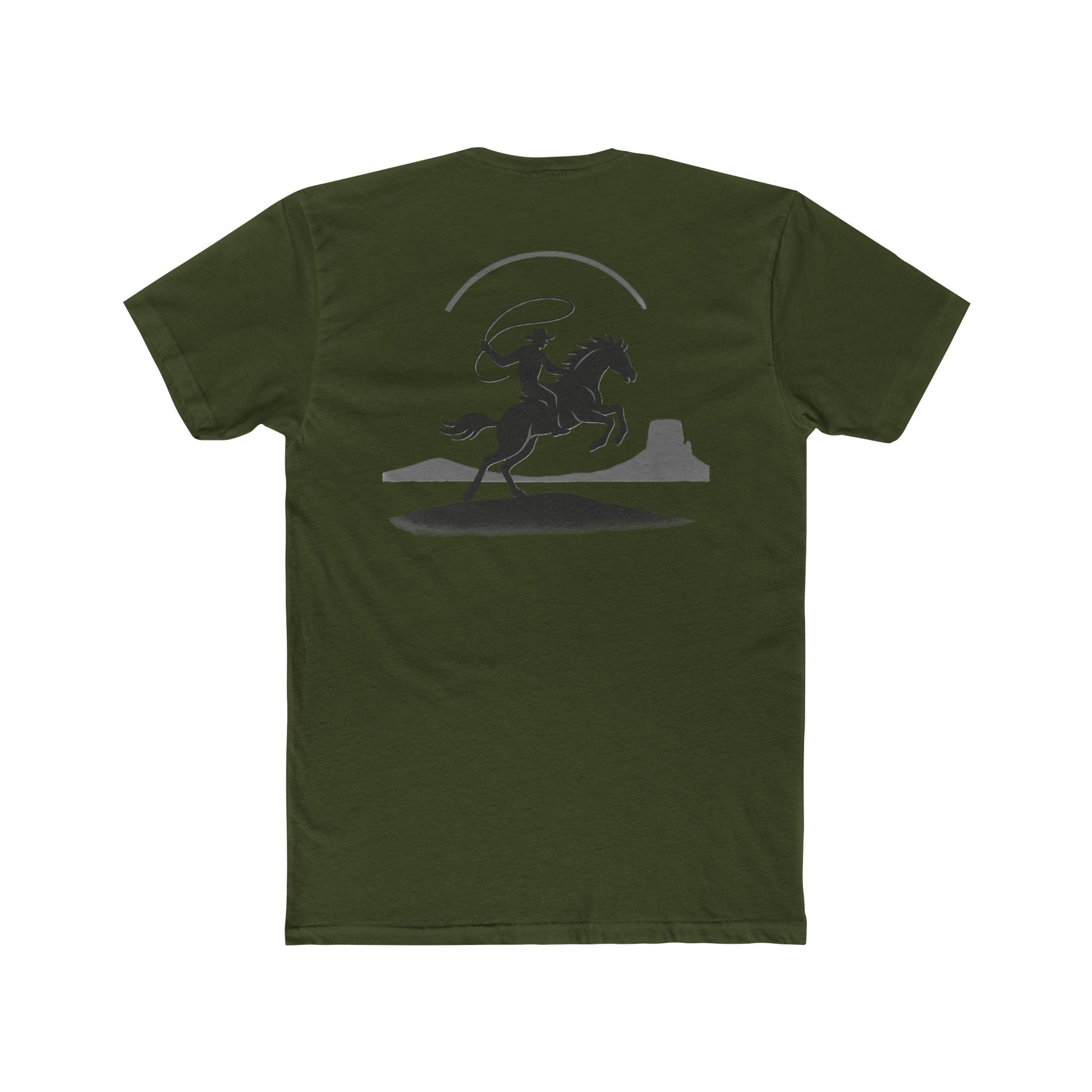 Military Green t-shirt with graphic of silhouetted cowboy lassoing and desert landscape #militarygreen