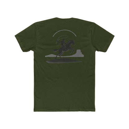 Military Green t-shirt with graphic of silhouetted cowboy lassoing and desert landscape #militarygreen