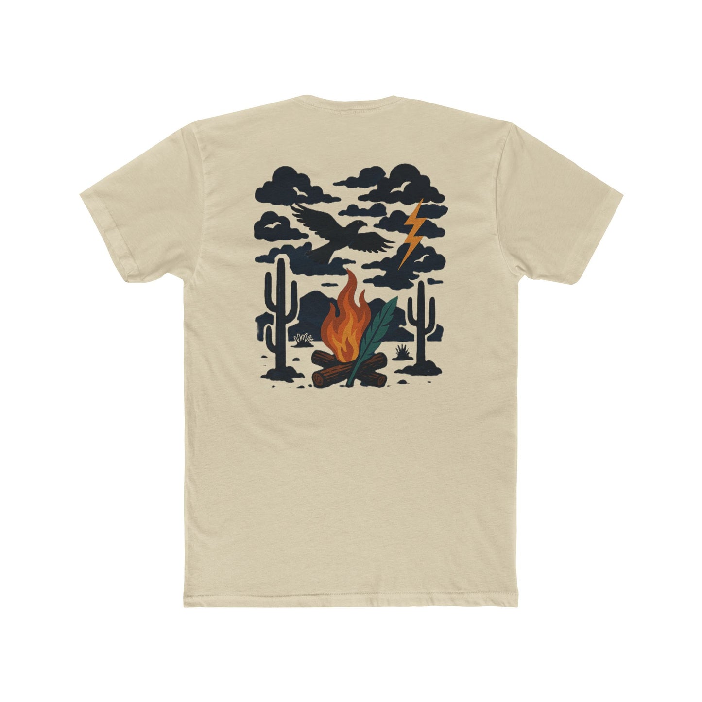 Cream t-shirt with graphic of clouds, lightning, bird, a campfire, cacti in a desert landscape #cream