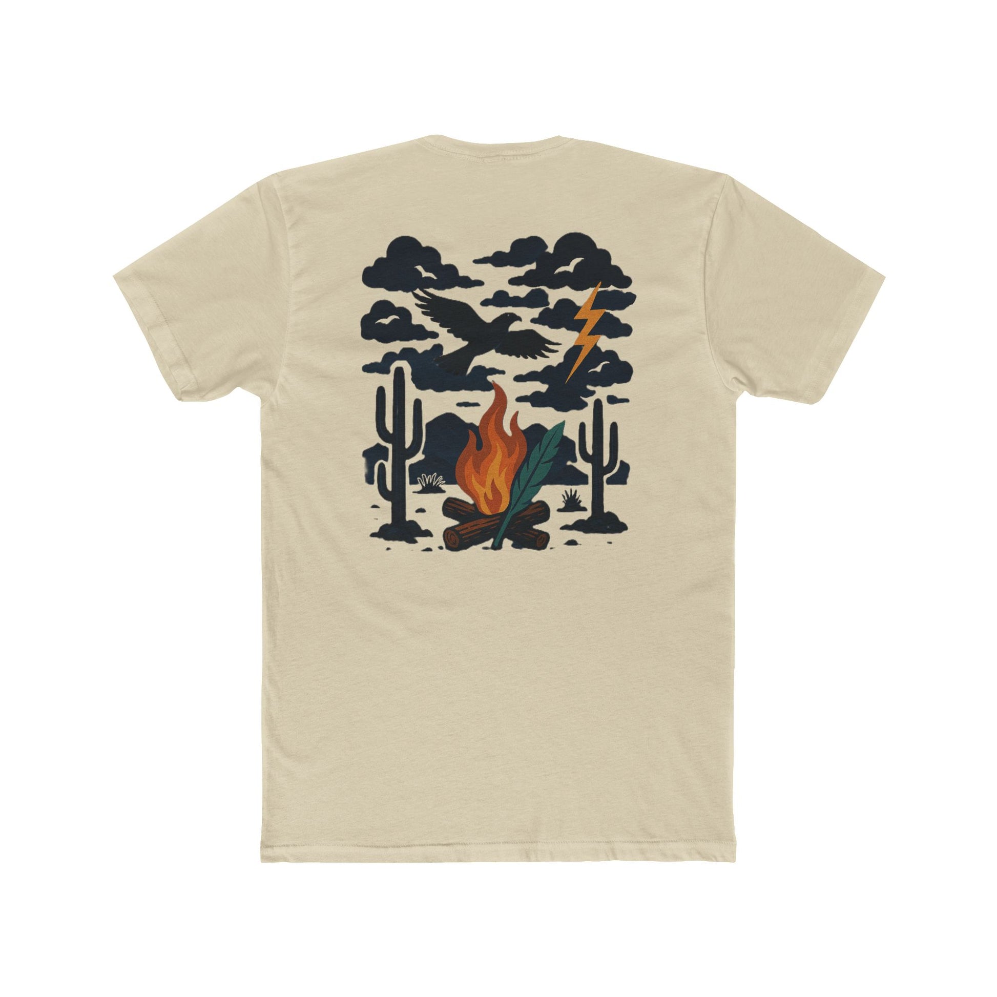 Cream t-shirt with graphic of clouds, lightning, bird, a campfire, cacti in a desert landscape #cream