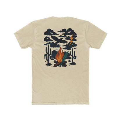 Cream t-shirt with graphic of clouds, lightning, bird, a campfire, cacti in a desert landscape #cream