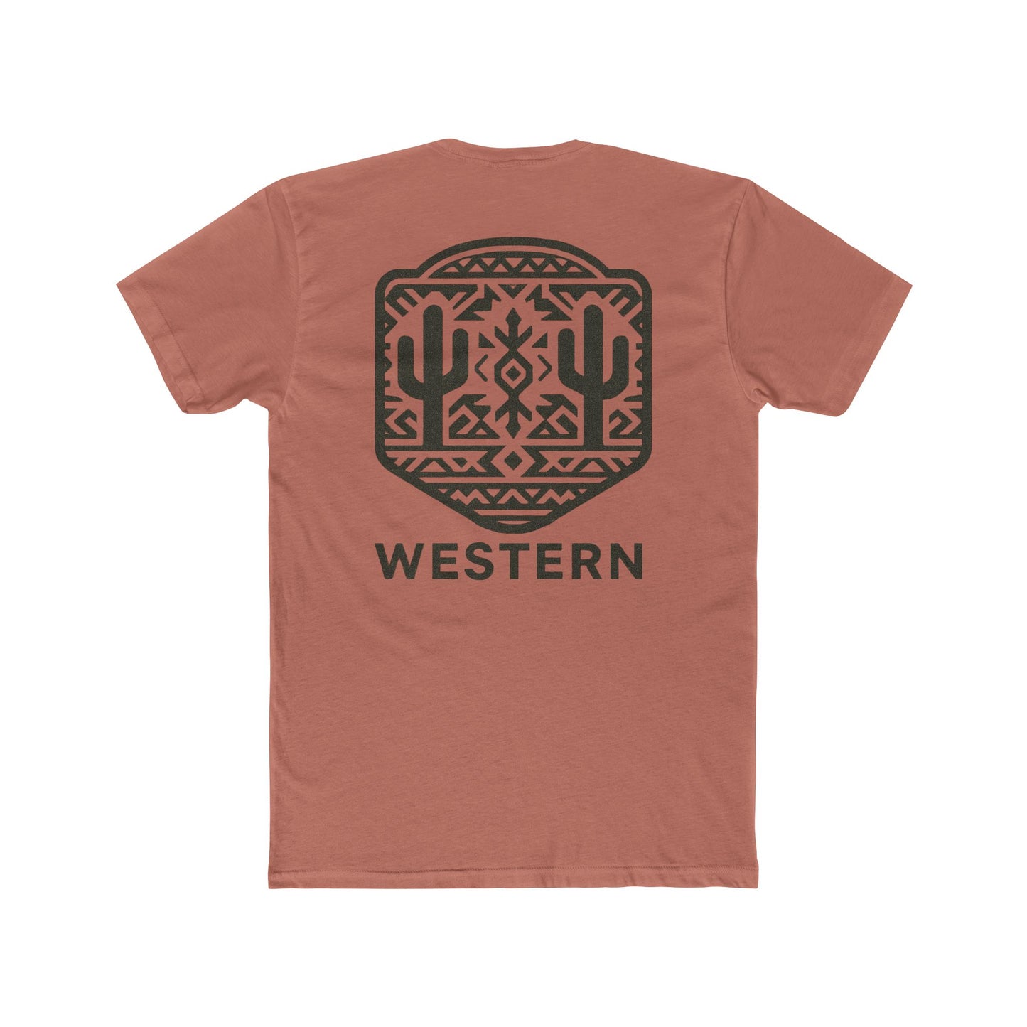 Desert Pink t-shirt with graphic of mirrored cacti surrounded by aztec pattern and enclosed in a geometric border with word western below #desertpink