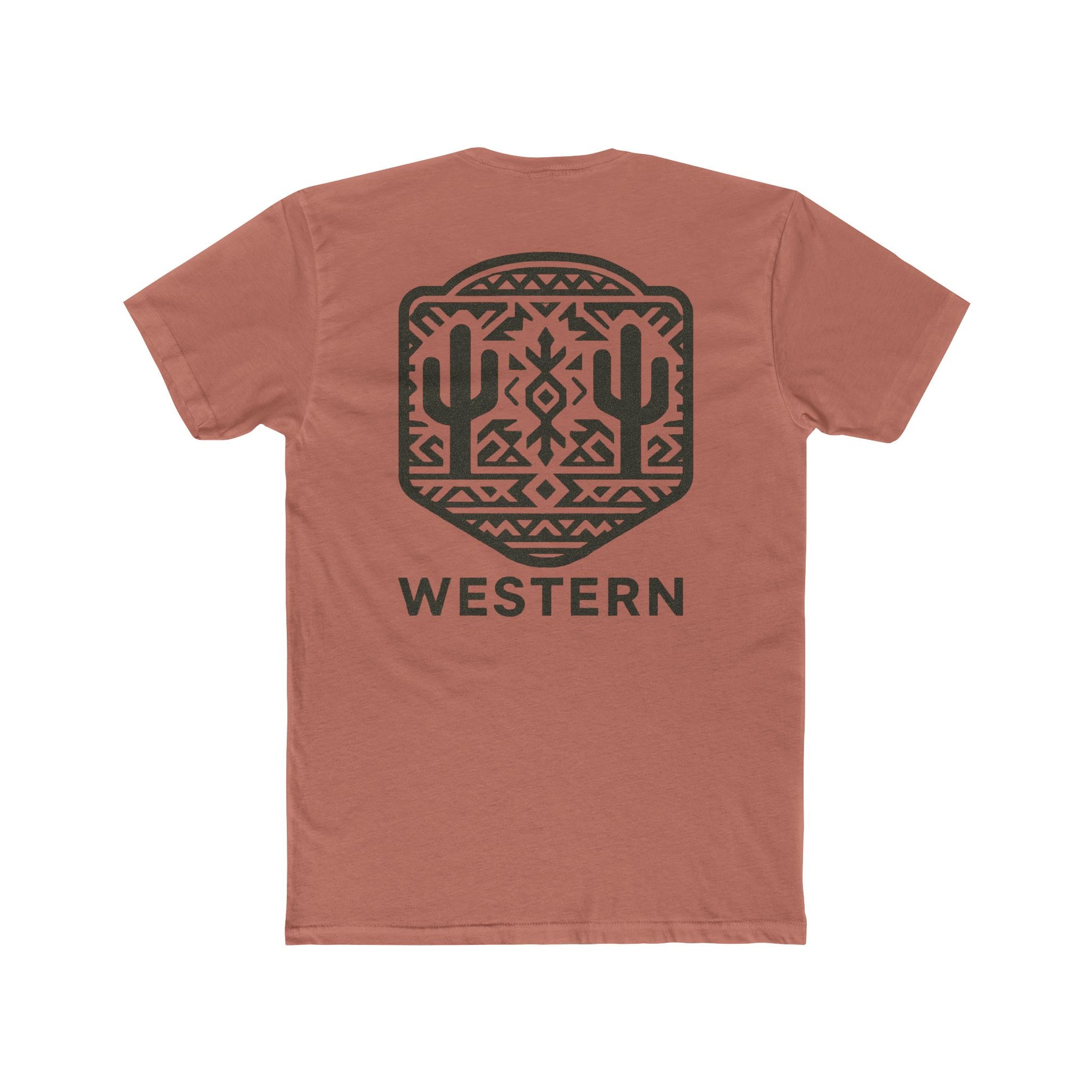 Desert Pink t-shirt with graphic of mirrored cacti surrounded by aztec pattern and enclosed in a geometric border with word western below #desertpink