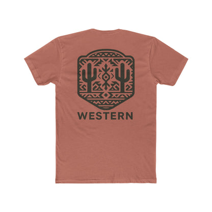 Desert Pink t-shirt with graphic of mirrored cacti surrounded by aztec pattern and enclosed in a geometric border with word western below #desertpink