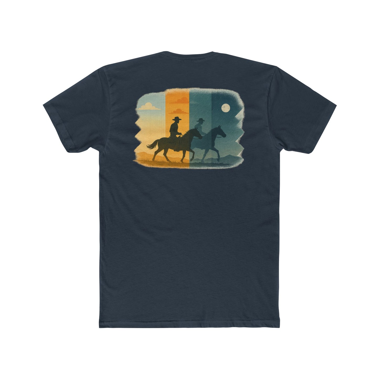 Indigo t-shirt with graphic of cowboy riding through a desert landscape at different times of the day #indigo