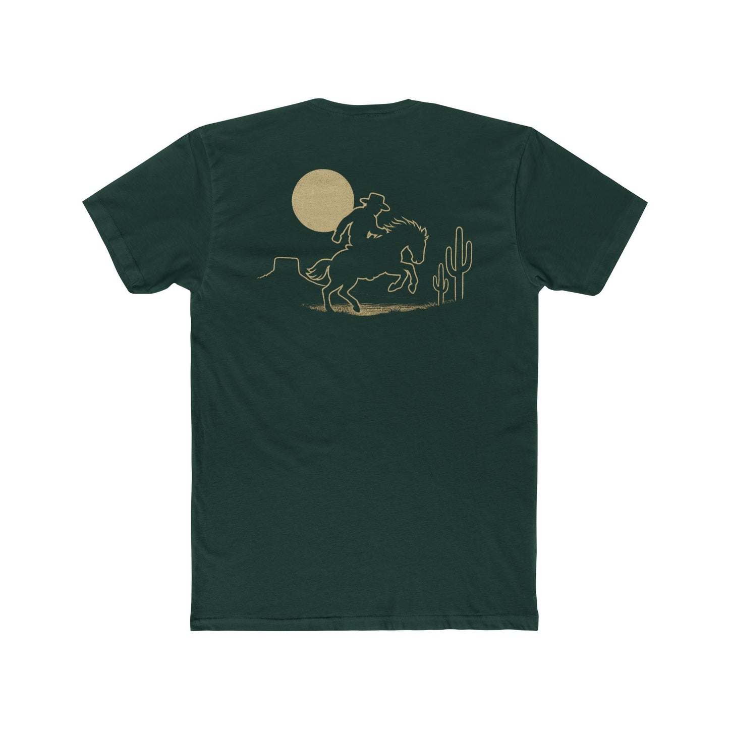 Forest Green t-shirt featuring mountains, cactus, horse and rider, and a full moon. #forestgreen