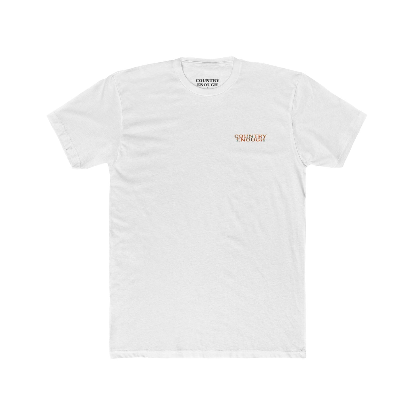 White t-shirt with graphic of a campfire, bird, sun, cacti, and mountains in the desert with the words roam wide #white