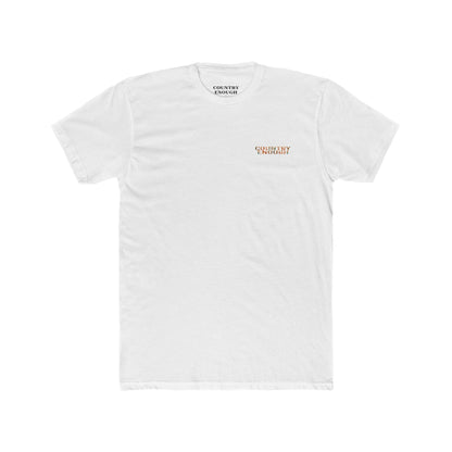 White t-shirt with graphic of a campfire, bird, sun, cacti, and mountains in the desert with the words roam wide #white