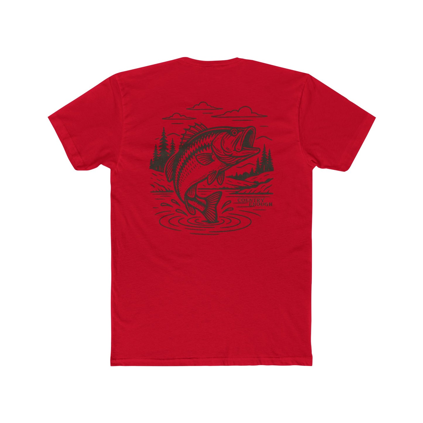 Red t-shirt with graphic of a bass jumping out of mountainside water #red