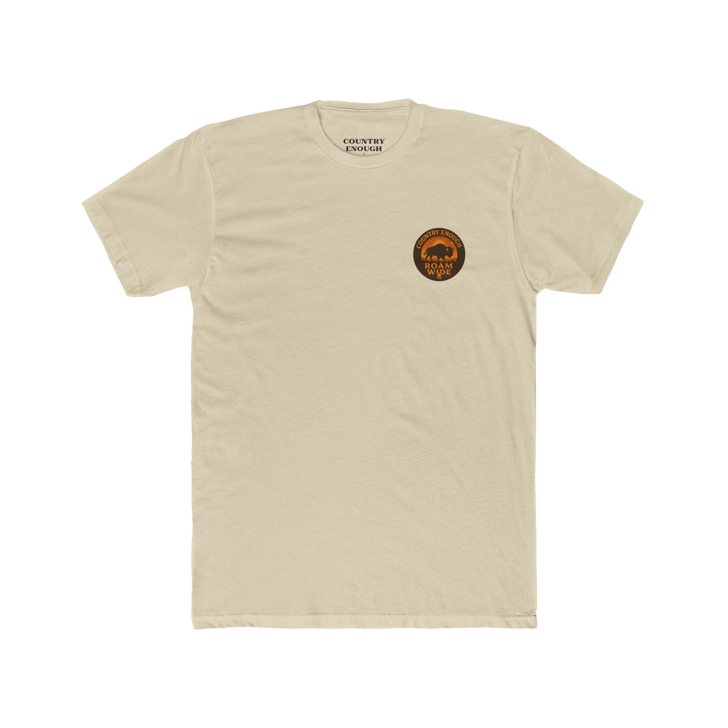 Cream t-shirt with circular graphic with a bison, mountains, campfire, sun shining, and the words roam wide #cream
