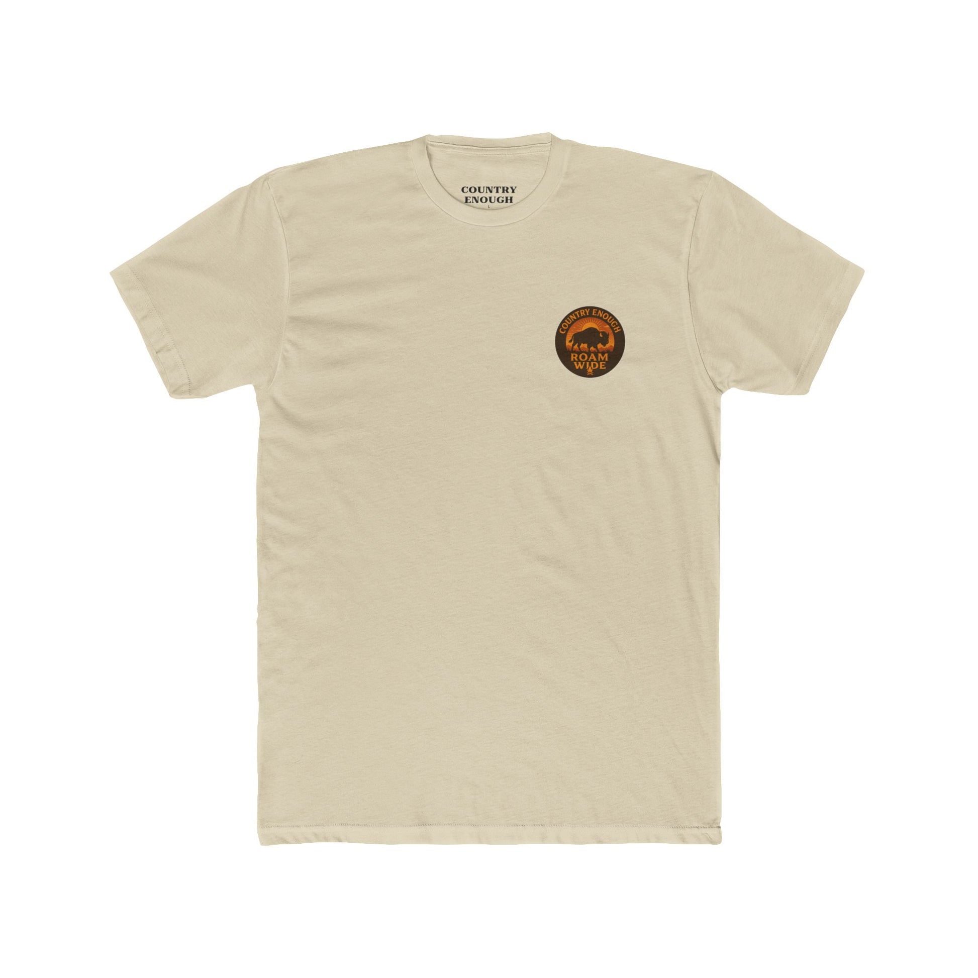 Cream t-shirt with circular graphic with a bison, mountains, campfire, sun shining, and the words roam wide #cream