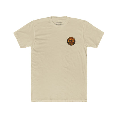 Cream t-shirt with circular graphic with a bison, mountains, campfire, sun shining, and the words roam wide #cream