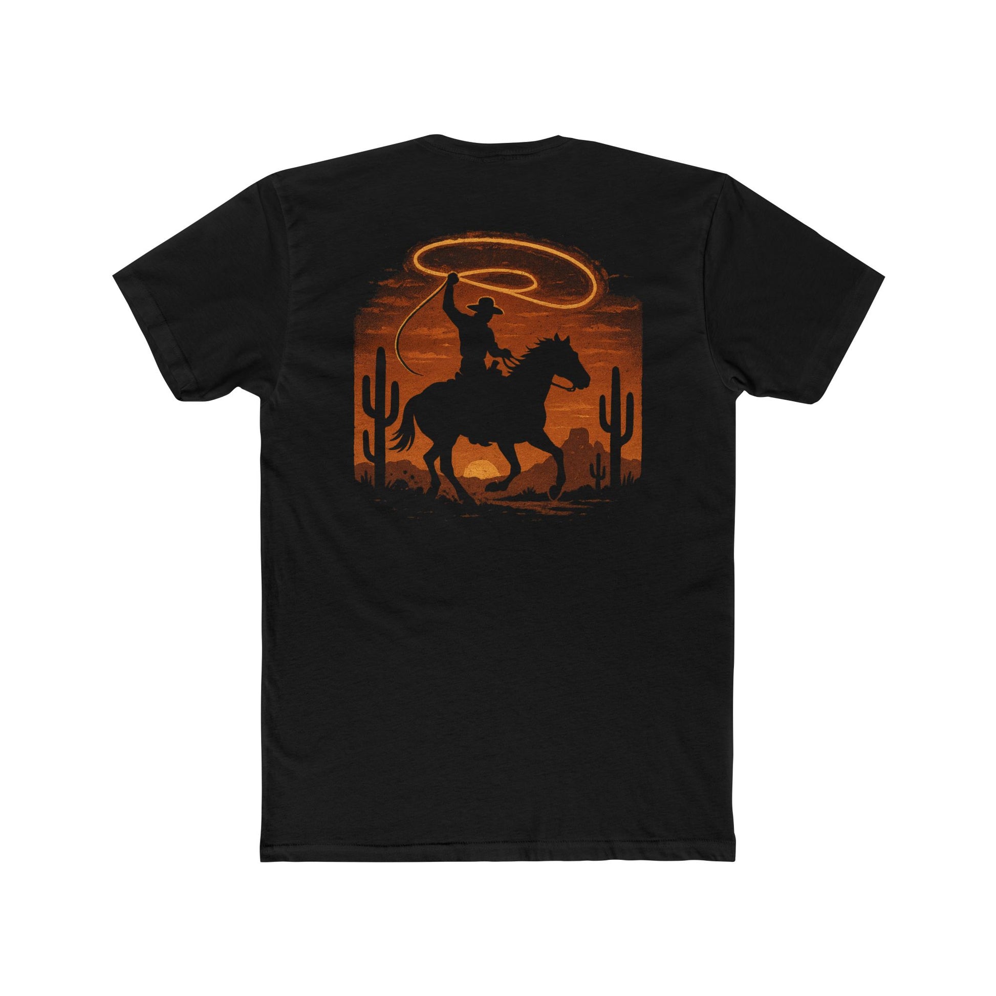 Black t-shirt with graphic of a cowboy twirling his lasso on a desert landscape at sundown #black