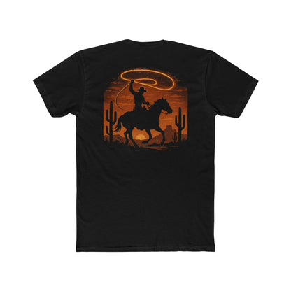 Black t-shirt with graphic of a cowboy twirling his lasso on a desert landscape at sundown #black