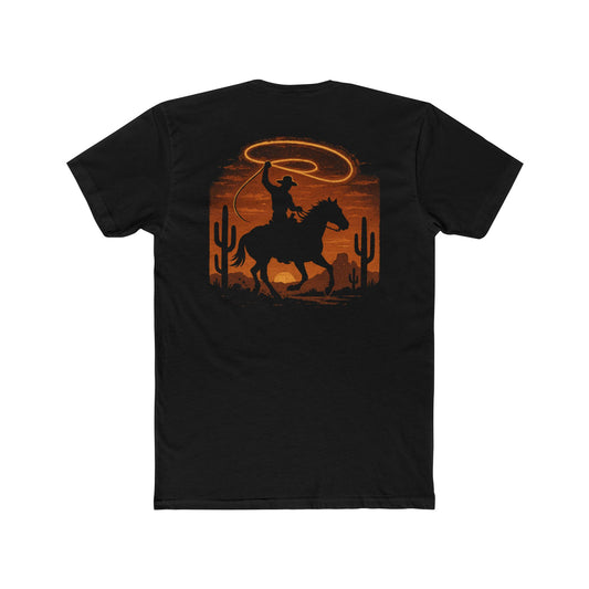Black t-shirt with graphic of a cowboy twirling his lasso on a desert landscape at sundown #black