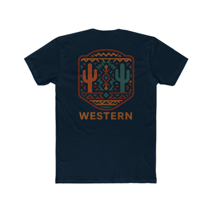 Midnight Navy t-shirt with graphic of mirrored cacti surrounded by aztec pattern and enclosed in a geometric border with word western below #midnightnavy