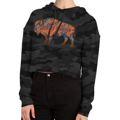 Black Camo crop hoodie with floral bison graphic and country enough text #blackcamo