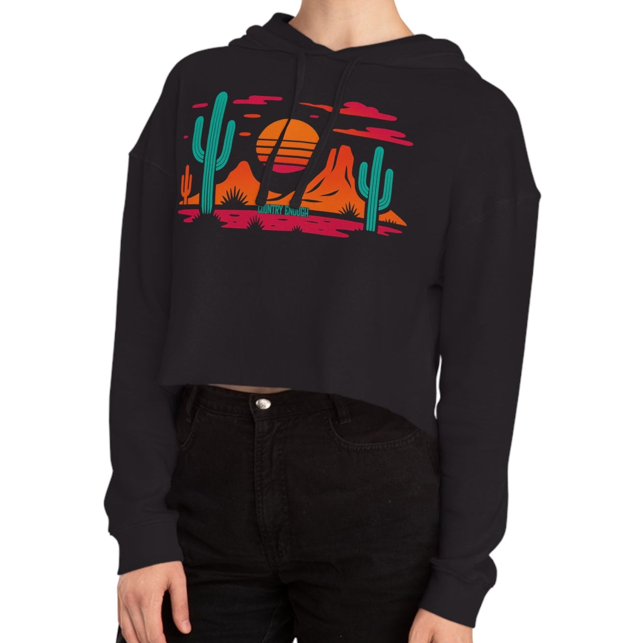 Black hoodie with a vibrant Southwestern landscape, cacti & mountains graphic #black
