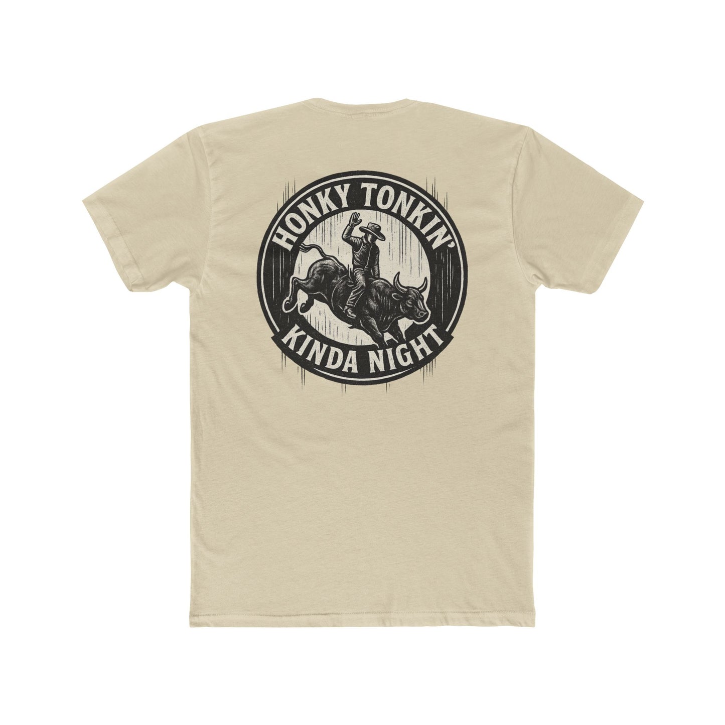 Cream t-shirt with circular graphic of a bucking bull with rider and the phrase honky tonkin' kind night #cream