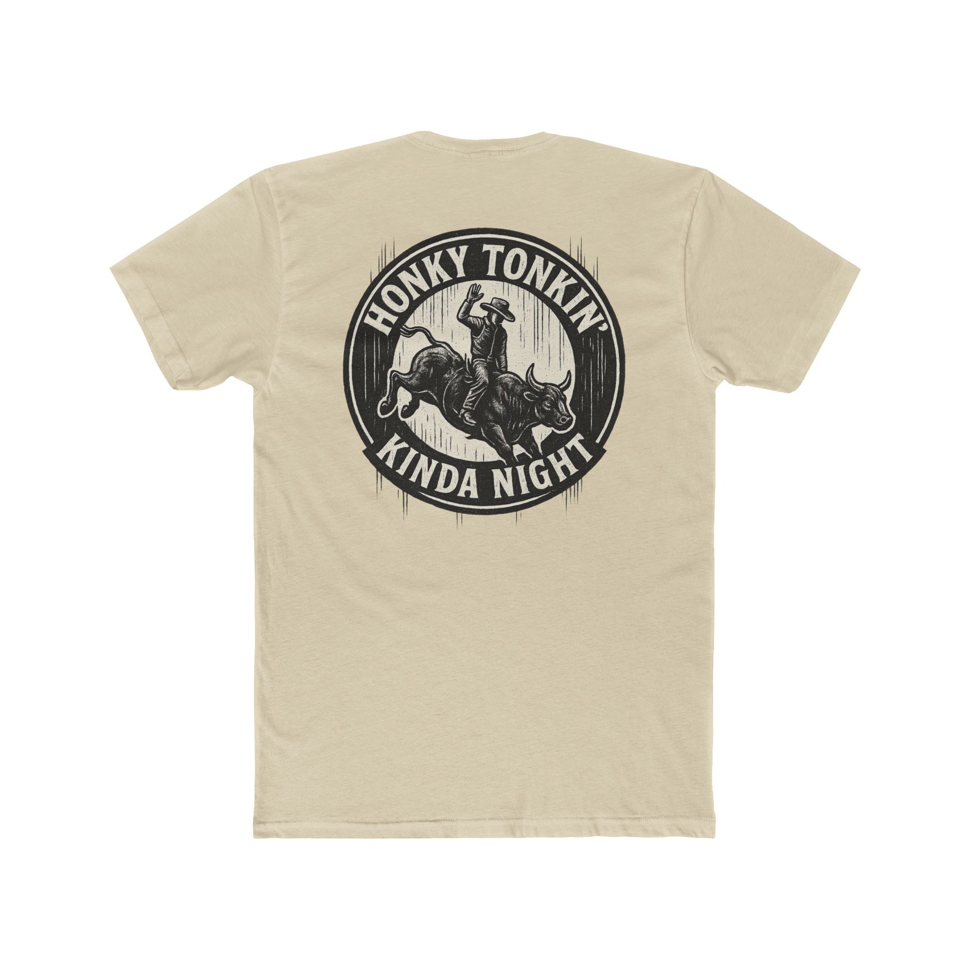 Cream t-shirt with circular graphic of a bucking bull with rider and the phrase honky tonkin' kind night #cream