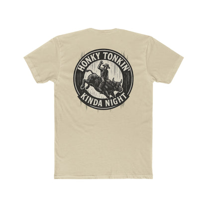 Cream t-shirt with circular graphic of a bucking bull with rider and the phrase honky tonkin' kind night #cream