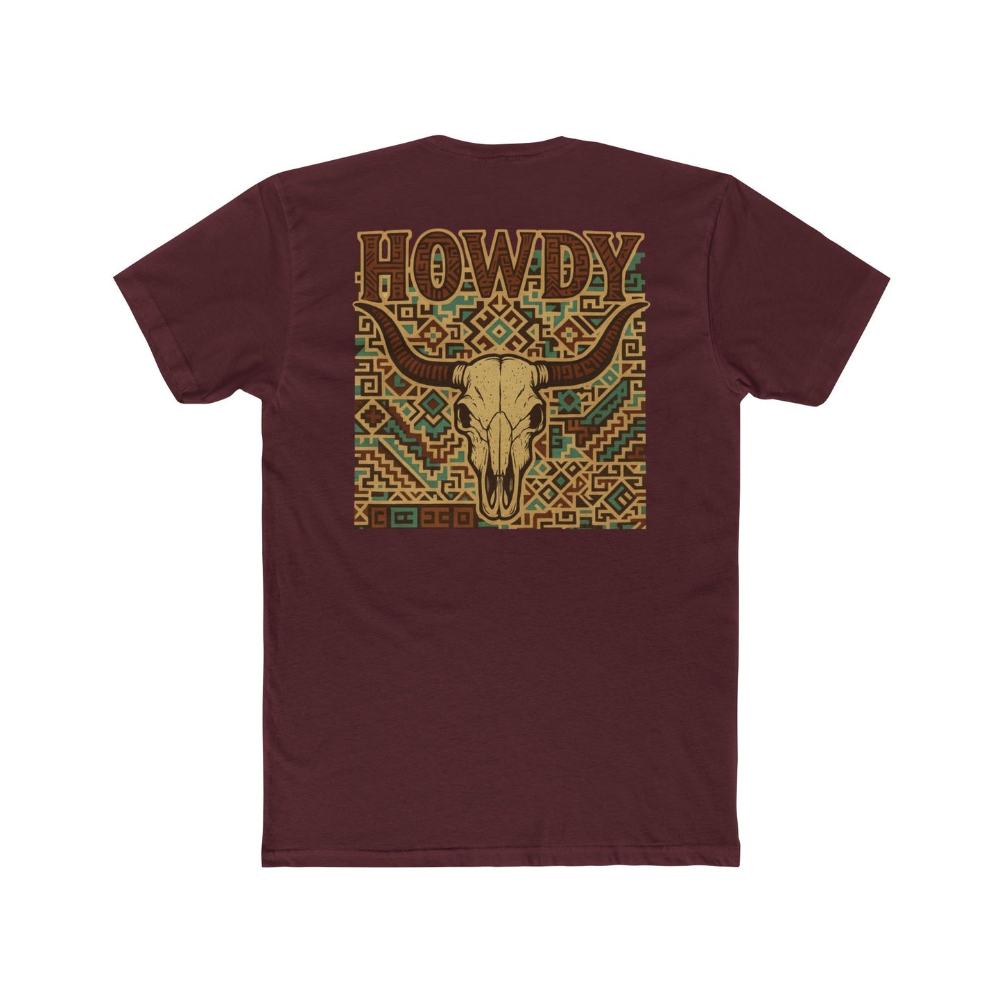Maroon t-shirt with graphic of aztec patter, bull skull, and the word howdy across the top #maroon