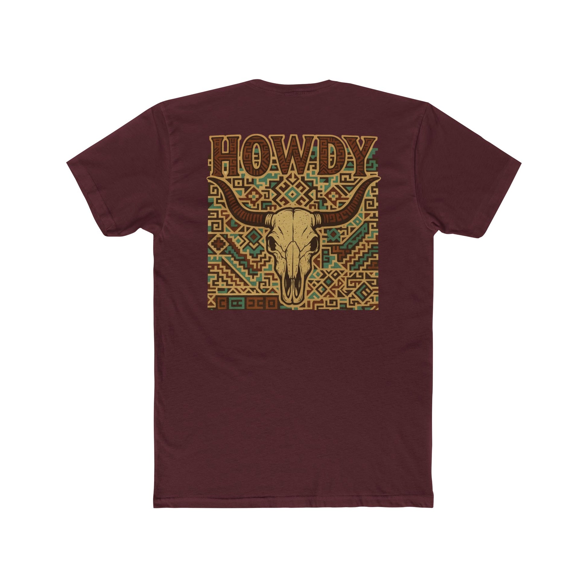 Maroon t-shirt with graphic of aztec patter, bull skull, and the word howdy across the top #maroon
