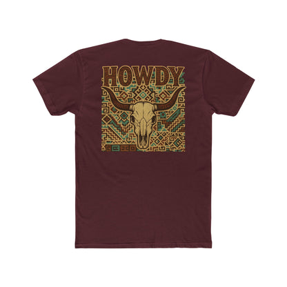Maroon t-shirt with graphic of aztec patter, bull skull, and the word howdy across the top #maroon
