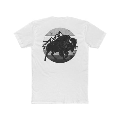White t-shirt with a black and gray graphic of a bison and mountains #white