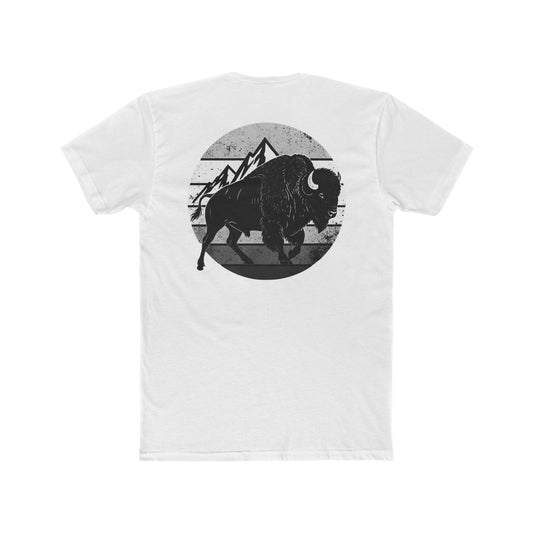 White t-shirt with a black and gray graphic of a bison and mountains #white