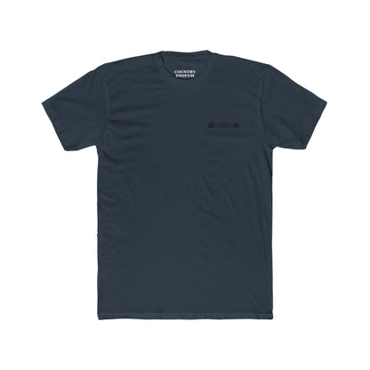 Indigo t-shirt with mountain peaks, an open road, and desert cacti graphic #indigo