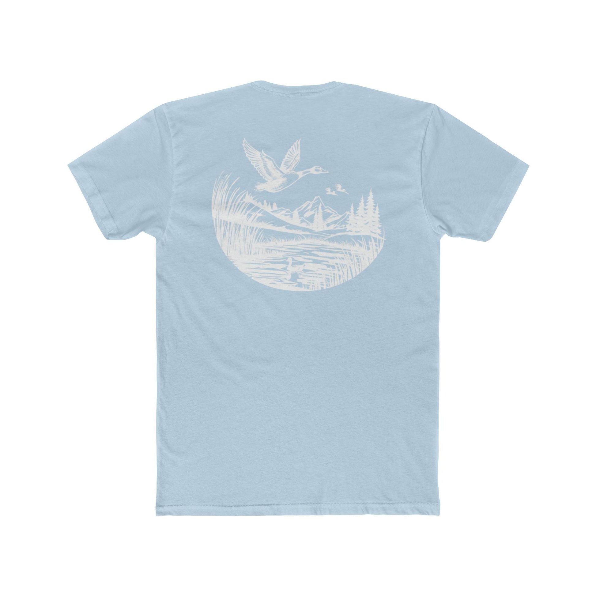 Light Blue t-shirt with graphic of a duck, mountains, pine trees, and a lake #lightblue