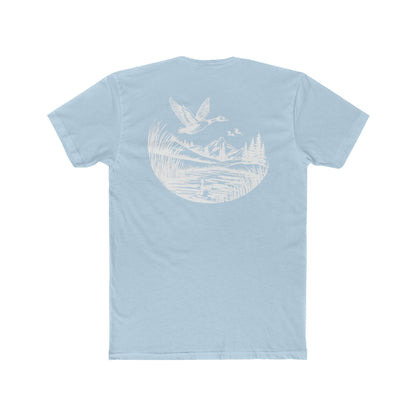 Light Blue t-shirt with graphic of a duck, mountains, pine trees, and a lake #lightblue