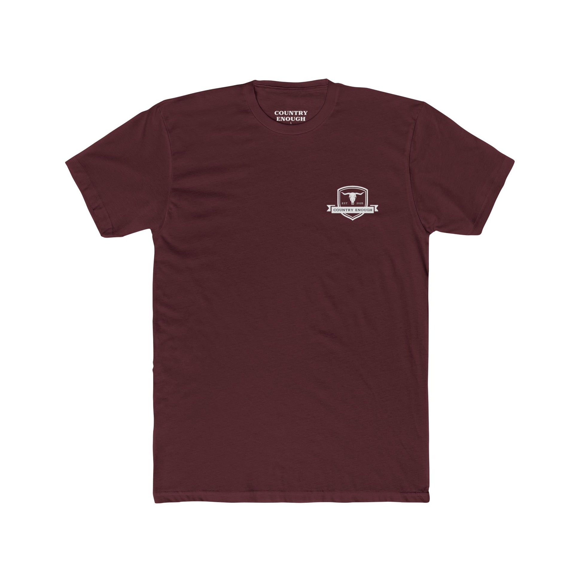 Maroon t-shirt with graphic of aztec patterns arranged in a square with country enough logo in the center #maroon