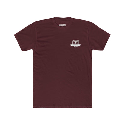 Maroon t-shirt with graphic of aztec patterns arranged in a square with country enough logo in the center #maroon