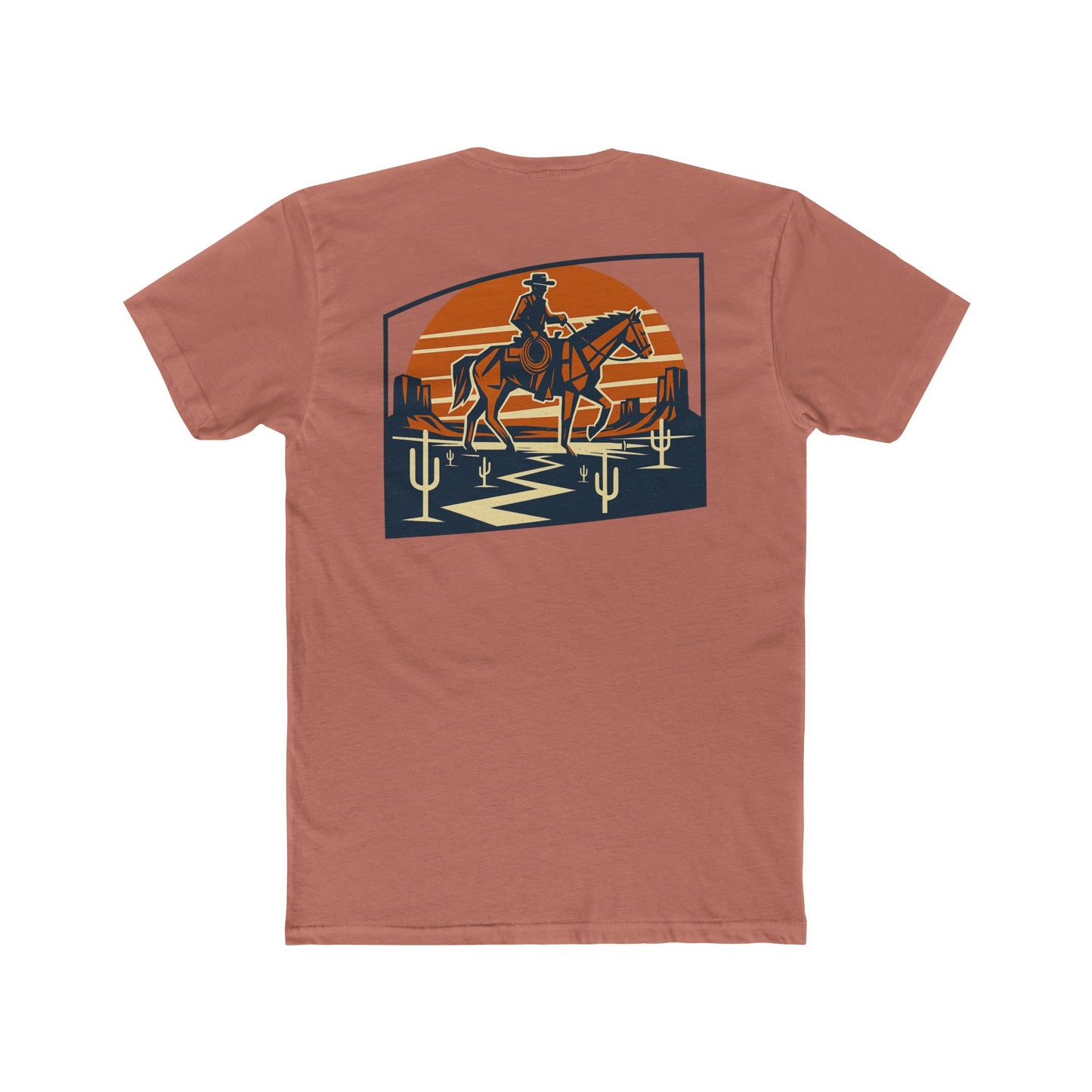 Desert Pink t-shirt with graphic design containing horse and rider, desert, mountains, and cactus #desertpink