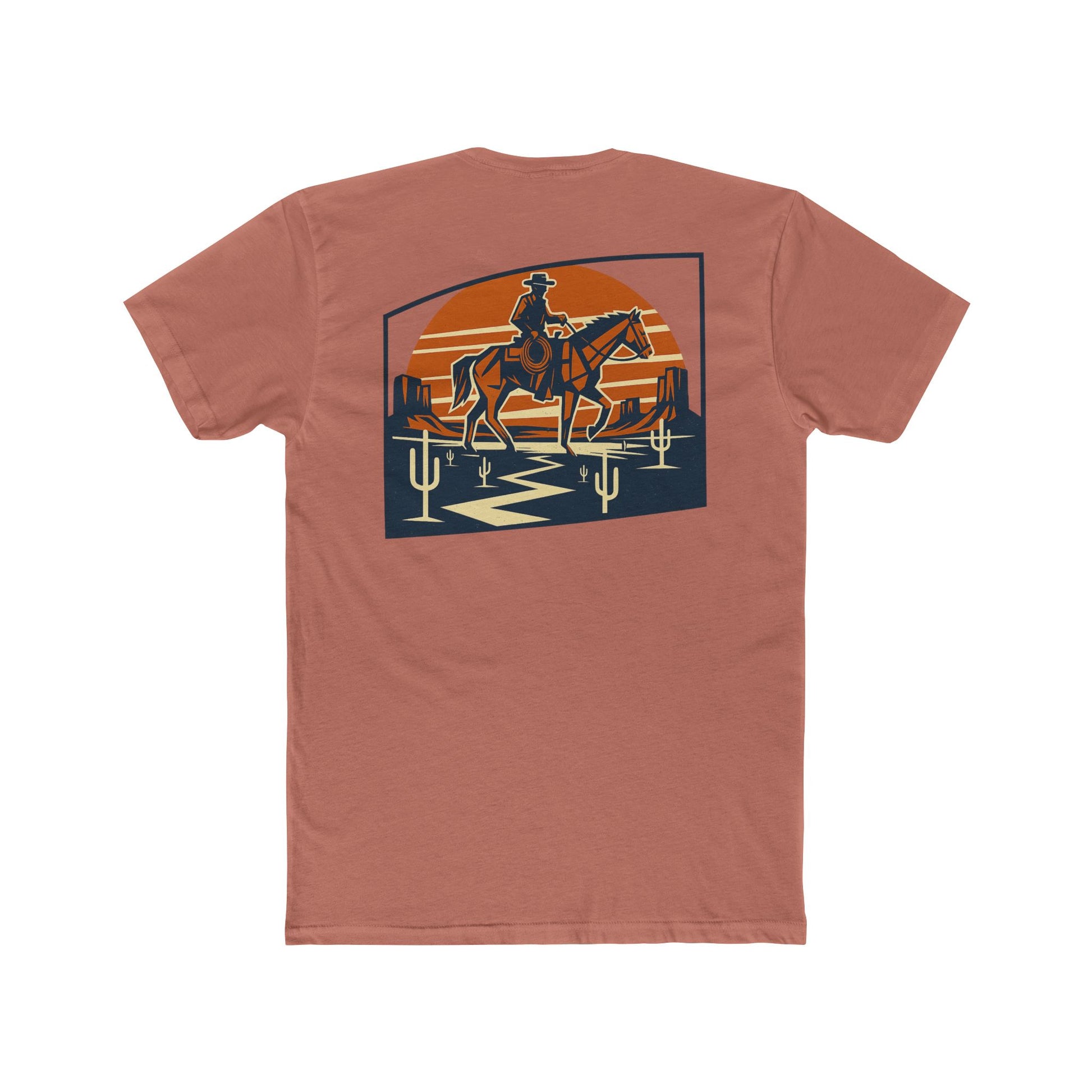 Desert Pink t-shirt with graphic design containing horse and rider, desert, mountains, and cactus #desertpink