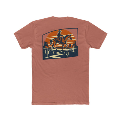 Desert Pink t-shirt with graphic design containing horse and rider, desert, mountains, and cactus #desertpink