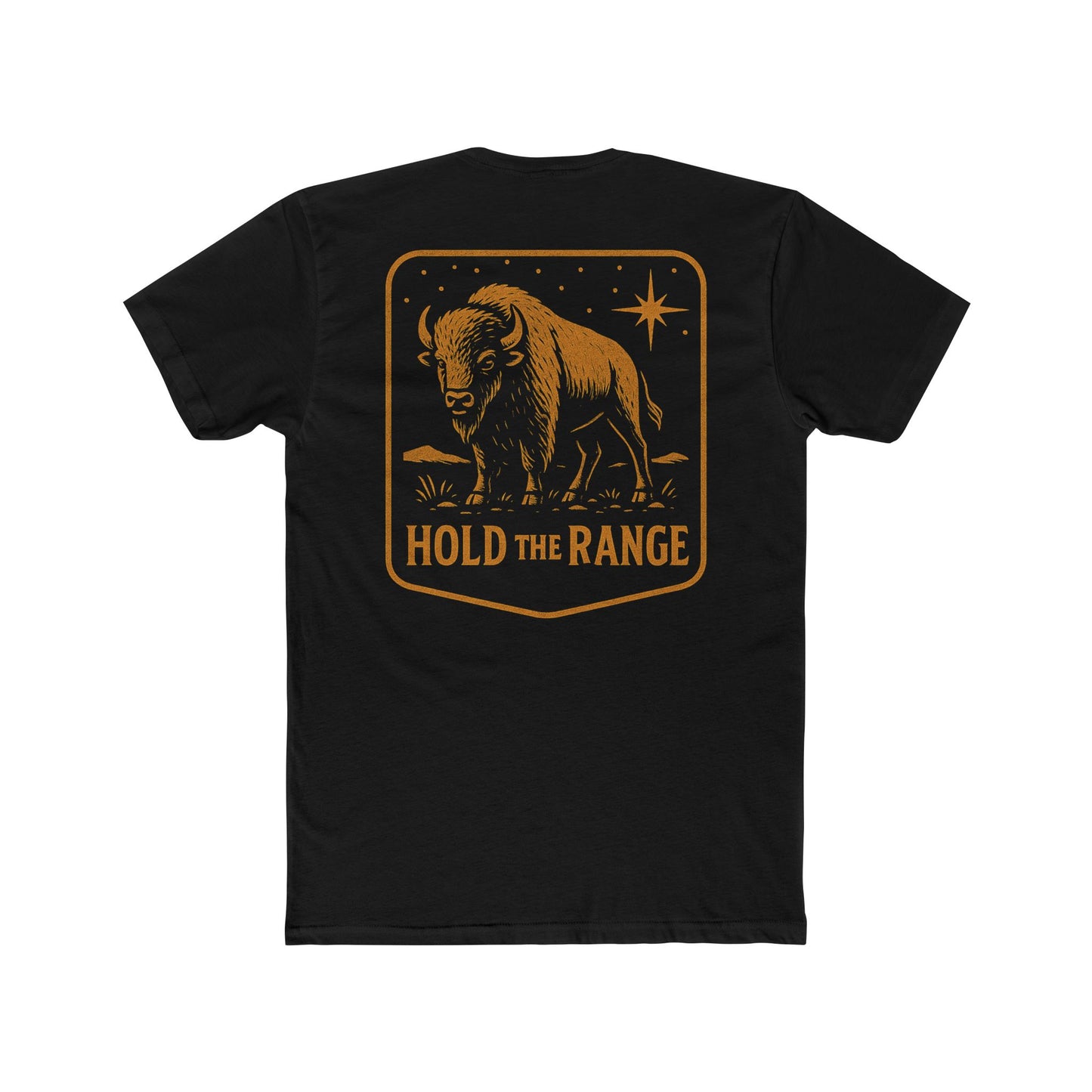 Black T-Shirt with a bison, starry sky, and the words hold the range encompassed with a geometric border #black
