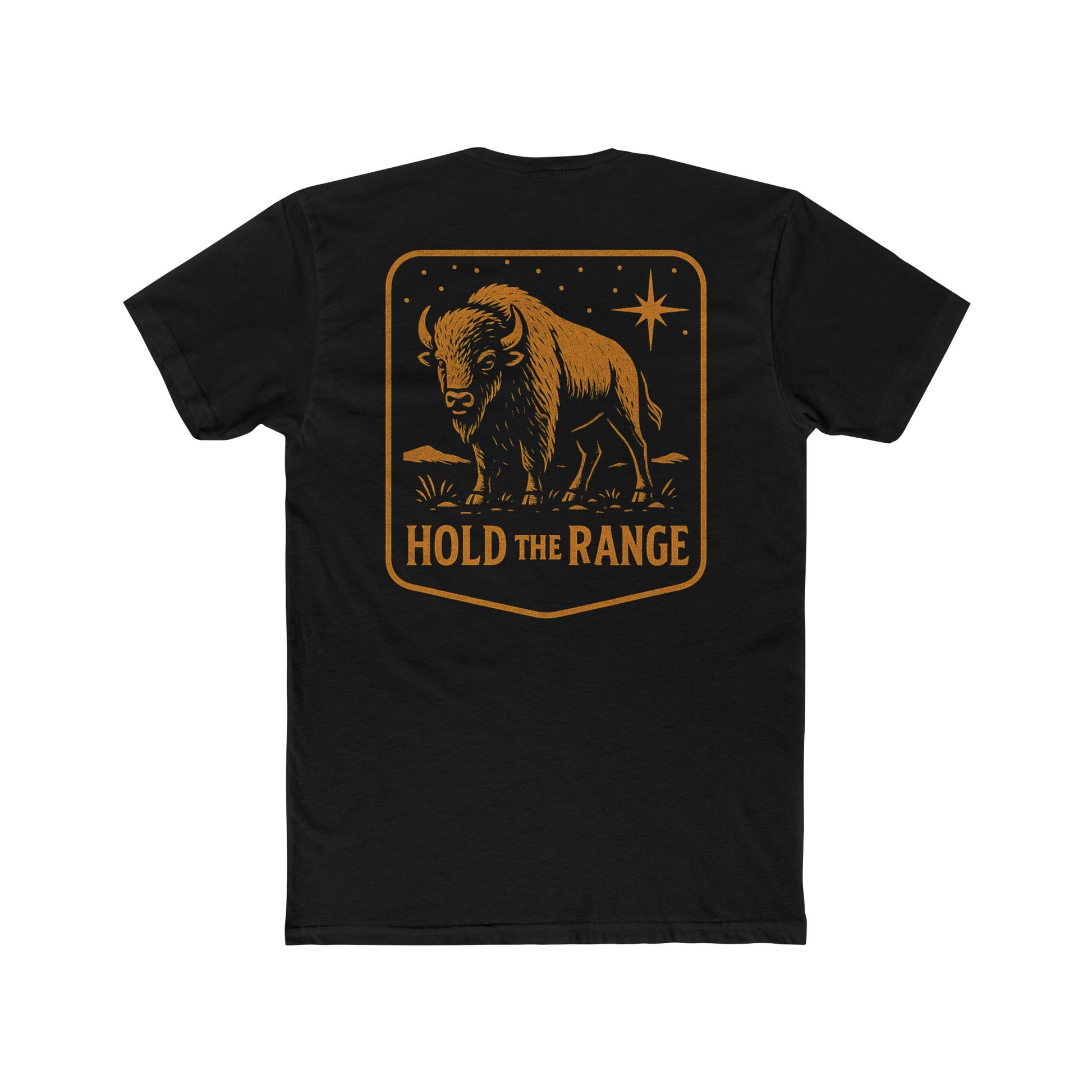 Black T-Shirt with a bison, starry sky, and the words hold the range encompassed with a geometric border #black