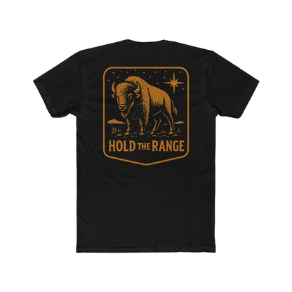Black T-Shirt with a bison, starry sky, and the words hold the range encompassed with a geometric border #black