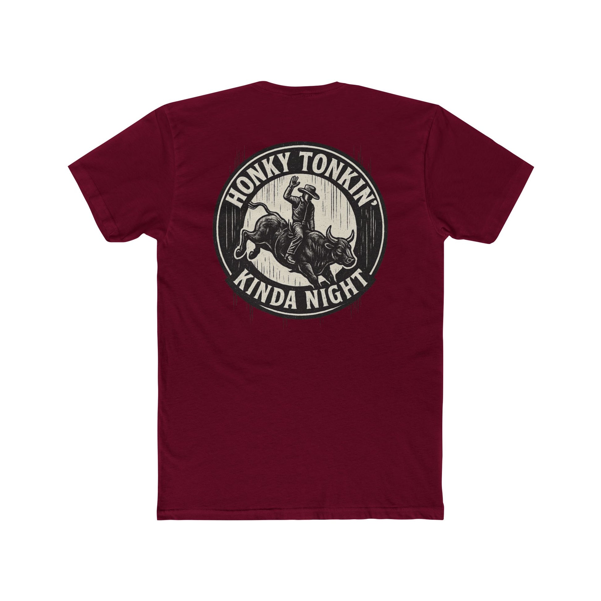Cardinal Red t-shirt with circular graphic of a bucking bull with rider and the phrase honky tonkin' kind night #cardinalred
