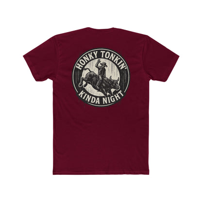Cardinal Red t-shirt with circular graphic of a bucking bull with rider and the phrase honky tonkin' kind night #cardinalred