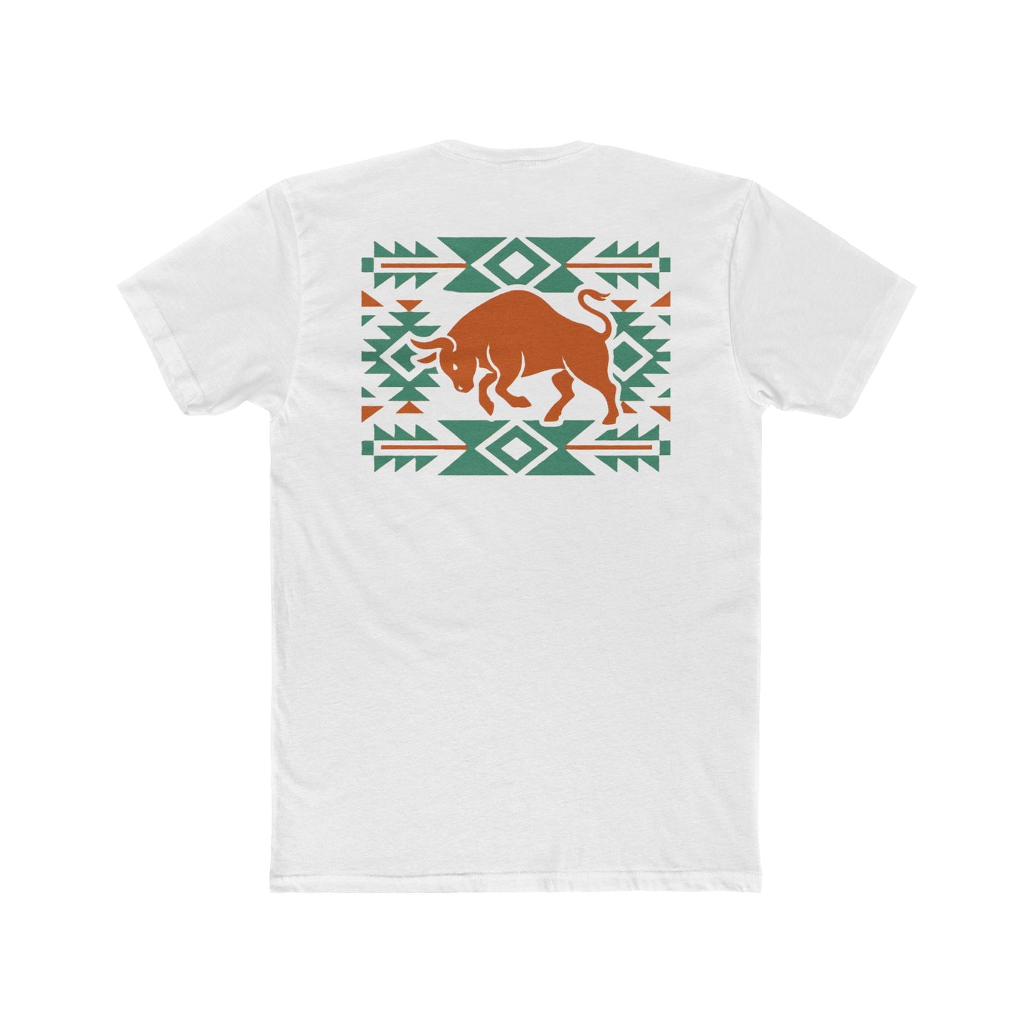 White t-shirt with graphic of charging bull surround by aztec pattern #white