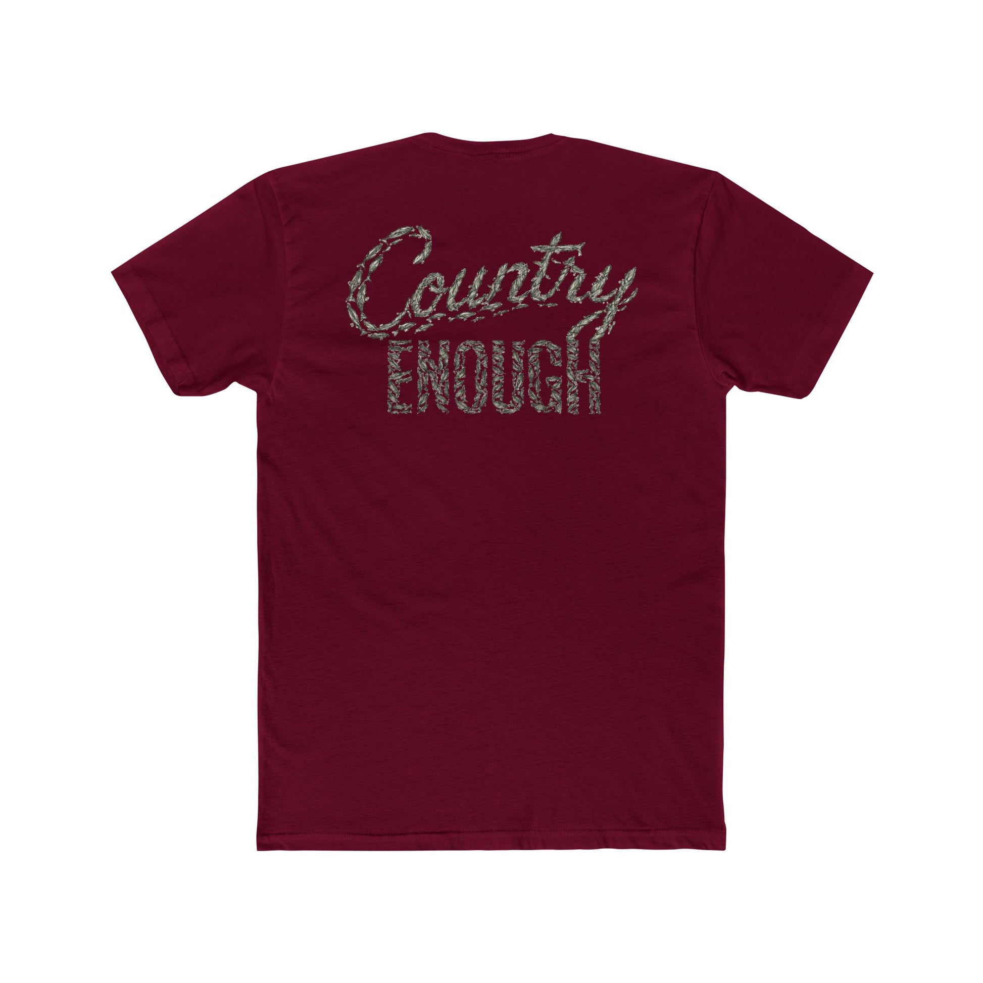 Cardinal Red t-shirt with graphic of the words country enough shaped with fish #cardinalred