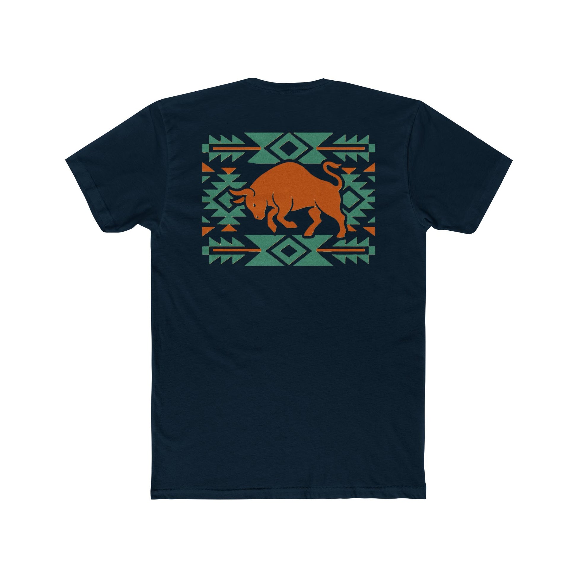 Midnight Navy t-shirt with graphic of charging bull surround by aztec pattern #midnightnavy