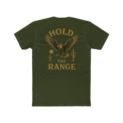 Military Green t-shirt with graphic of an eagle, desert landscape, and the words hold the range #militarygreen