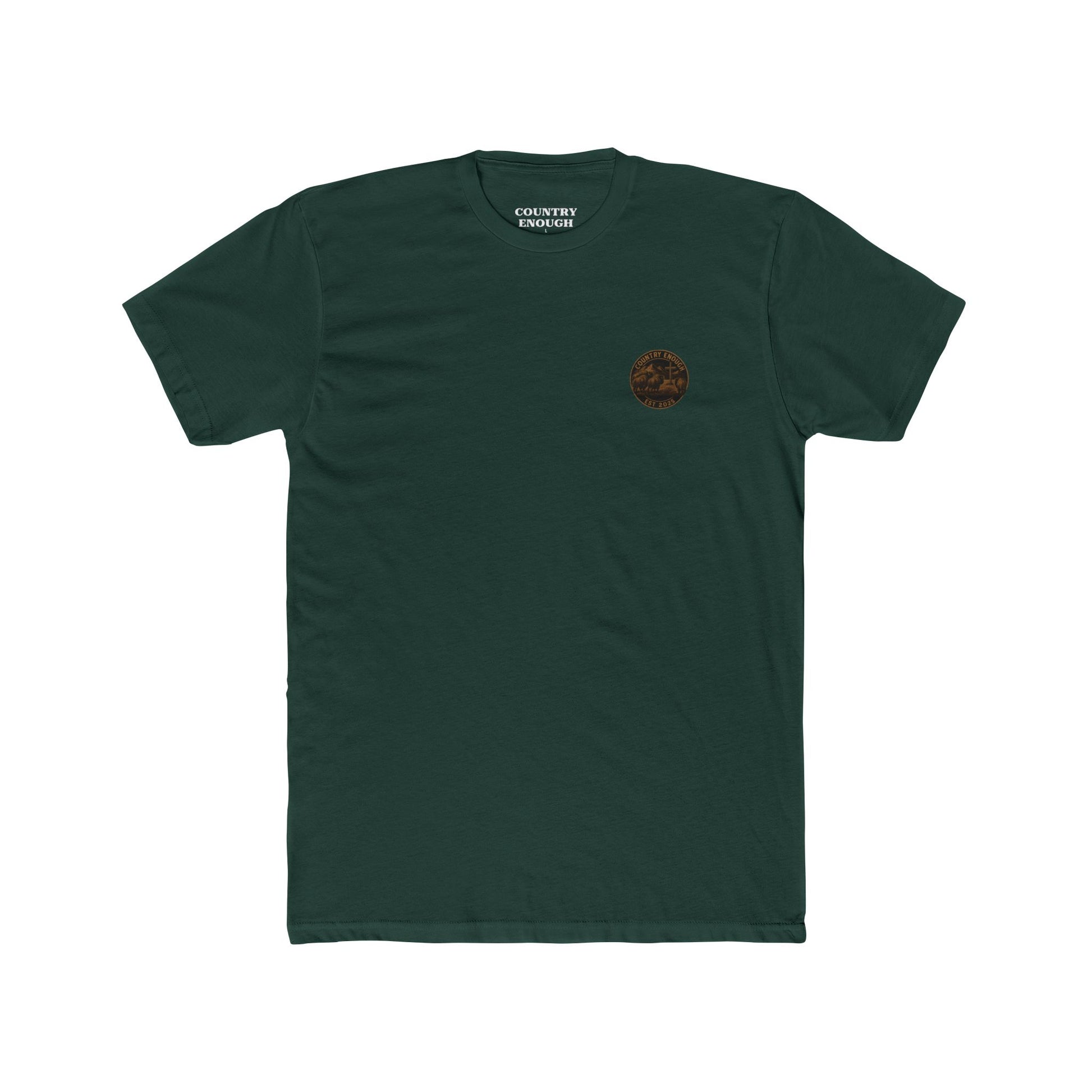 Forest Green t-shirt with bison staring at a cross on the plains by the mountains #forestgreen